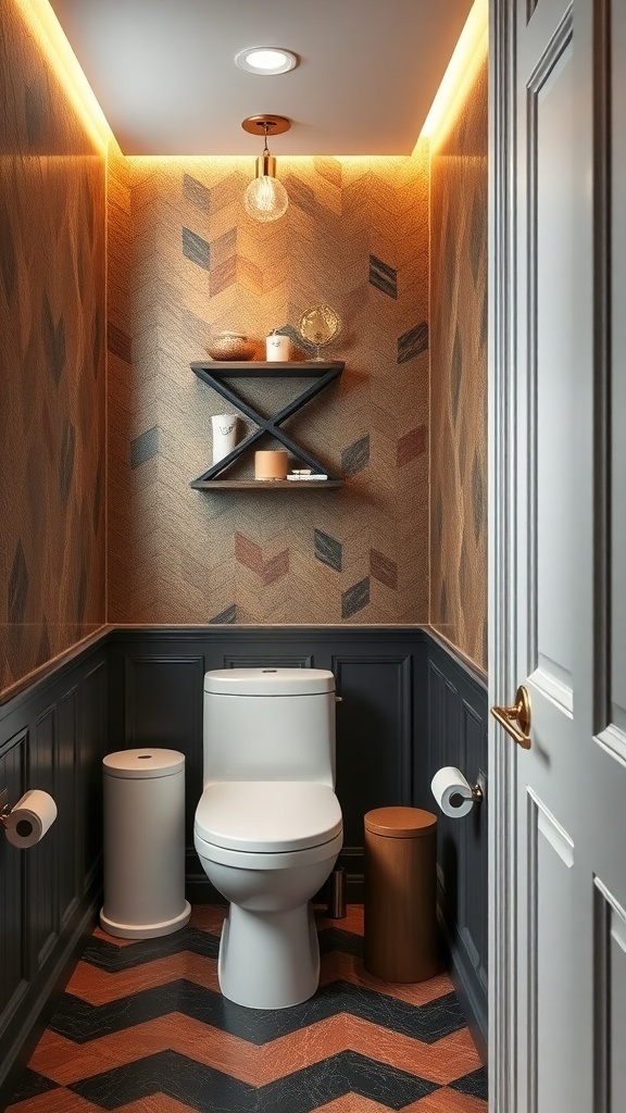 A stylish tiny bathroom featuring herringbone patterned wallpaper, modern fixtures, and warm lighting.