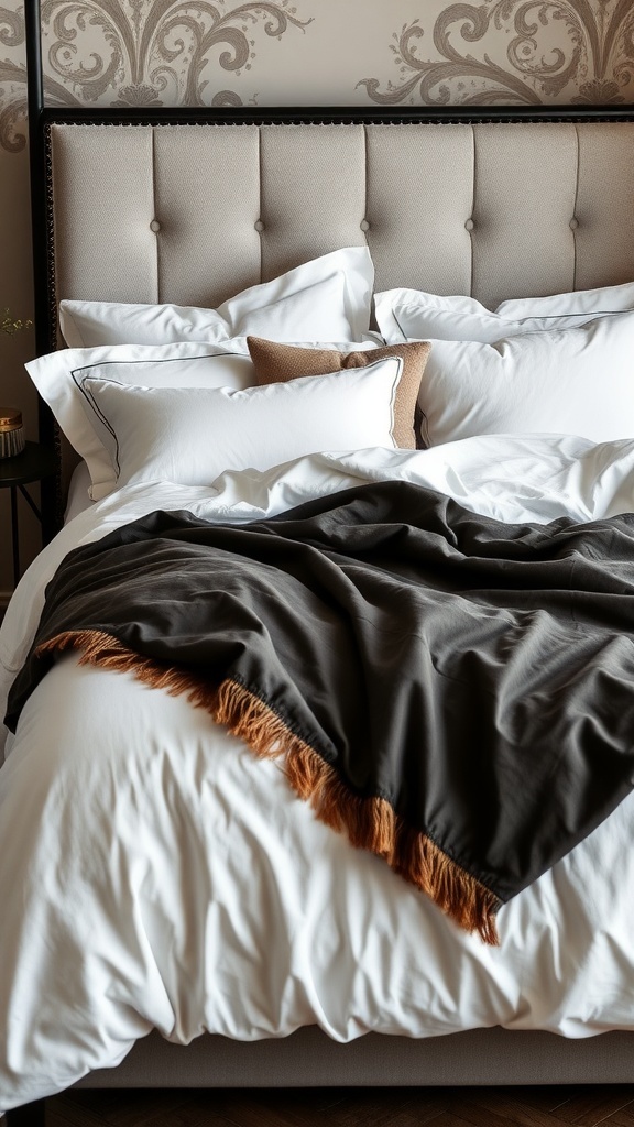 Luxurious bedding with white sheets, a dark throw blanket, and decorative pillows on a stylish bed.
