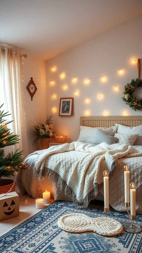 A cozy bedroom decorated for Christmas with soft bedding, fairy lights, and a small Christmas tree.