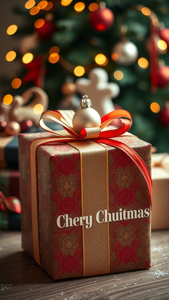 A beautifully wrapped Christmas gift with a layered ribbon bow, set against a festive background.