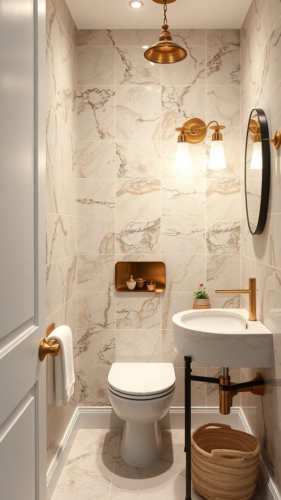 A luxurious tiny powder room featuring marble walls, a modern sink, and elegant lighting.