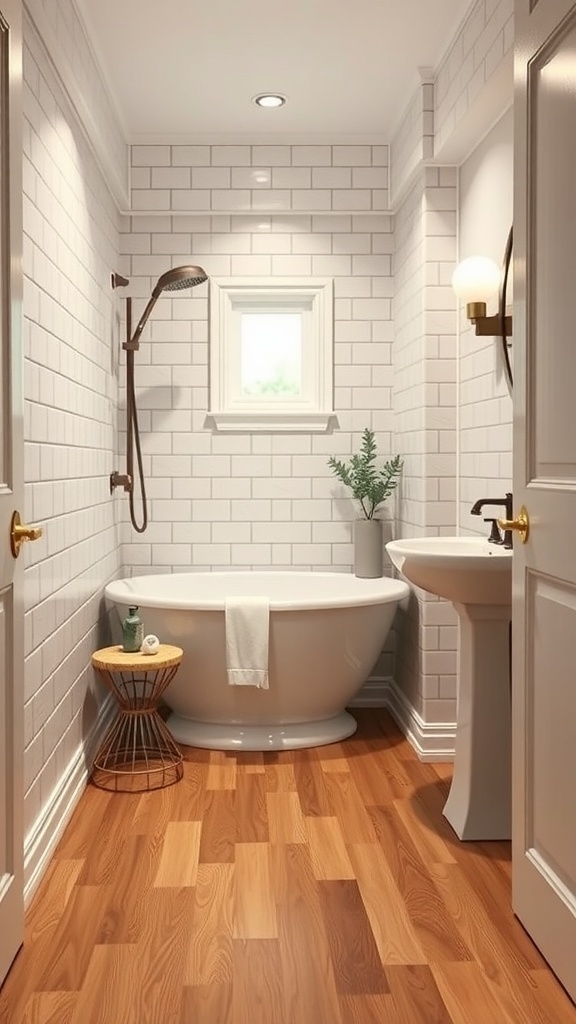 A small bathroom with luxury vinyl tile flooring that mimics hardwood, featuring a bathtub, sink, and white tiled walls.