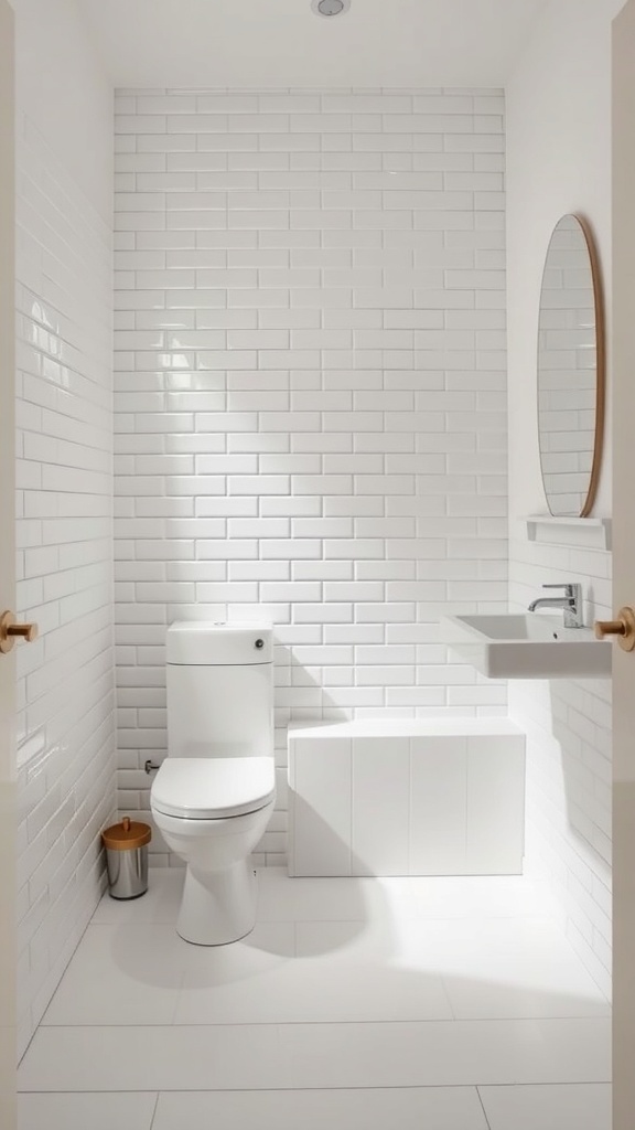 A small bathroom featuring Luzia White wall and floor tiles, a modern vessel sink, and natural wood accents.