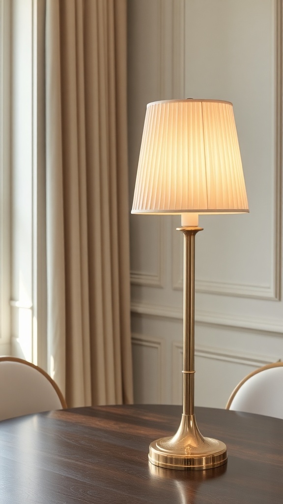 Lyla Tall Pleated Lamp with a brass finish and pleated shade on a wooden table