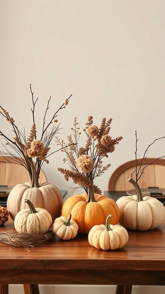 A stylish arrangement of pumpkins and dried flowers on a wooden table, showcasing macabre minimalism for Halloween decor.