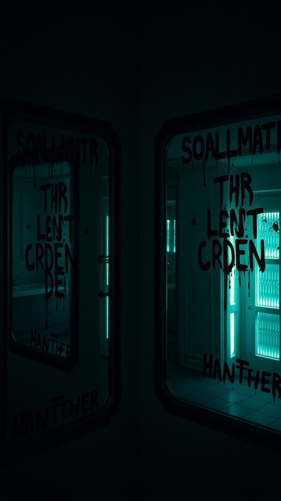 A dark room with two mirrors featuring bloody decals and eerie lighting.