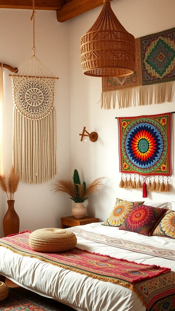 bohemian bedroom with macrame wall hanging and colorful tapestries