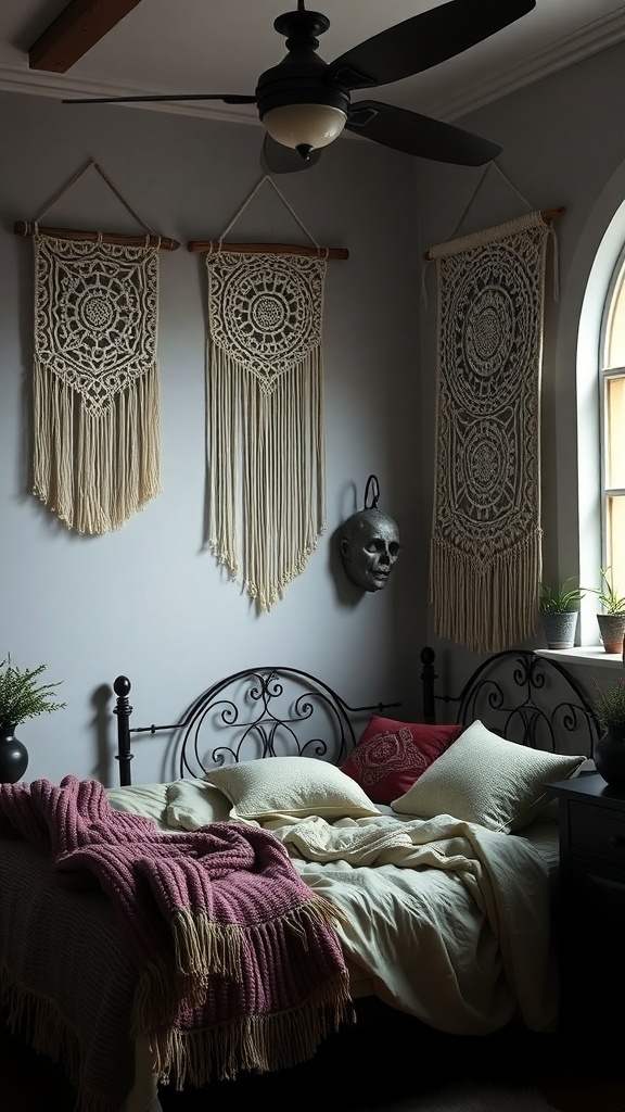 A cozy bedroom featuring macrame wall hangings above a bed with soft bedding and a decorative skull.