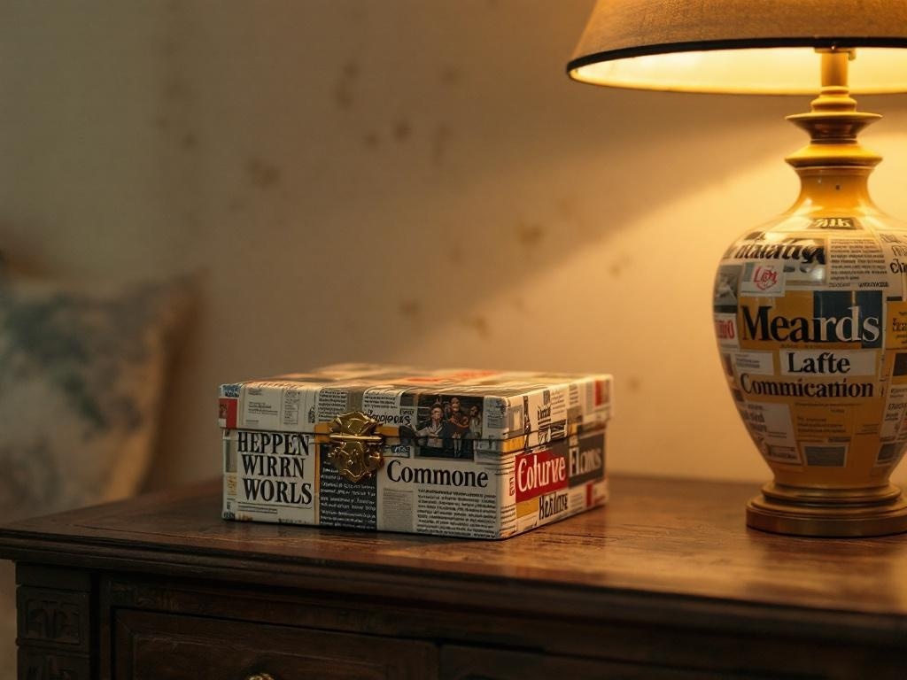 A decoupage box covered in magazine clippings on a wooden table next to a lamp.