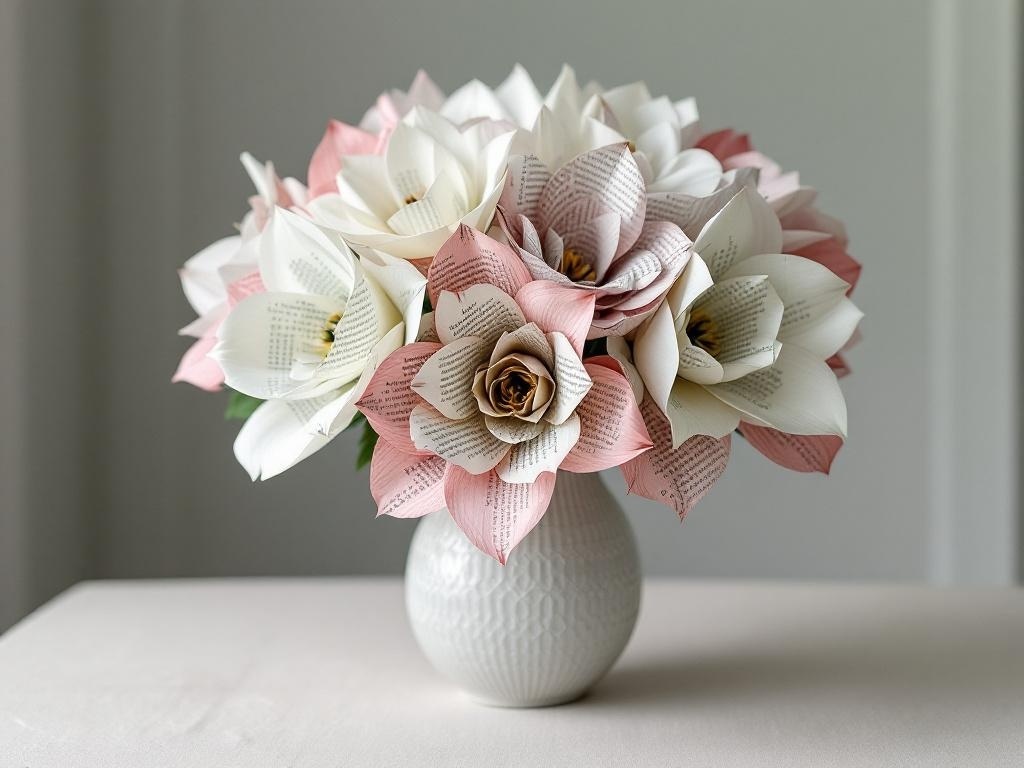 A bouquet made from magazine pages featuring white and pink flowers in a white vase.