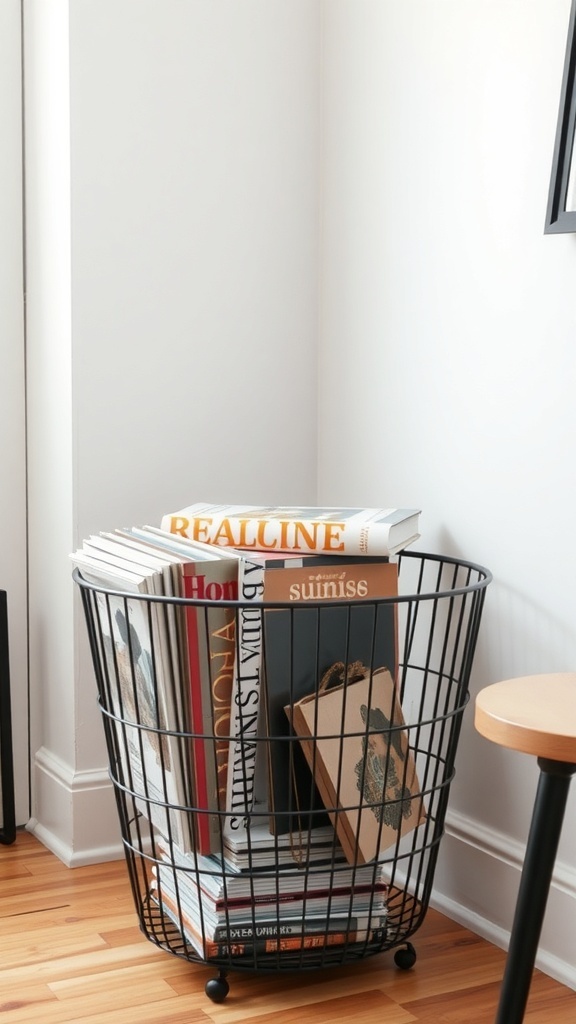 A black wire basket filled with magazines and books, placed in a corner of a room.