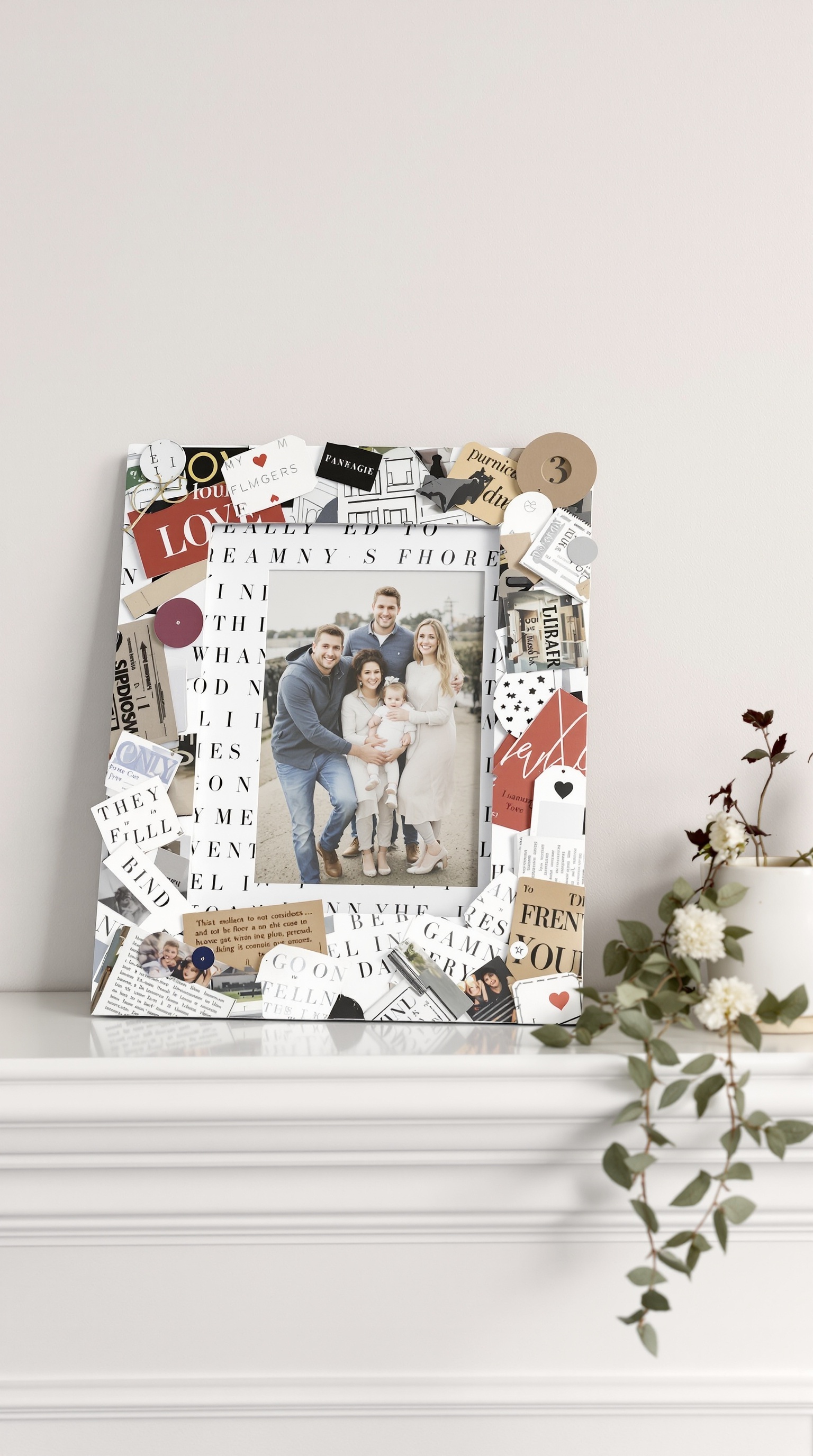 A decorative picture frame made from magazine pages, featuring a family photo in the center.