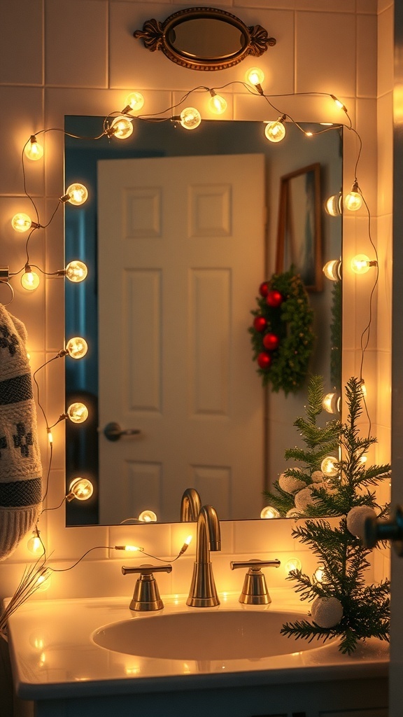 A bathroom mirror adorned with warm fairy lights, surrounded by festive decorations including a mini Christmas tree and a wreath.