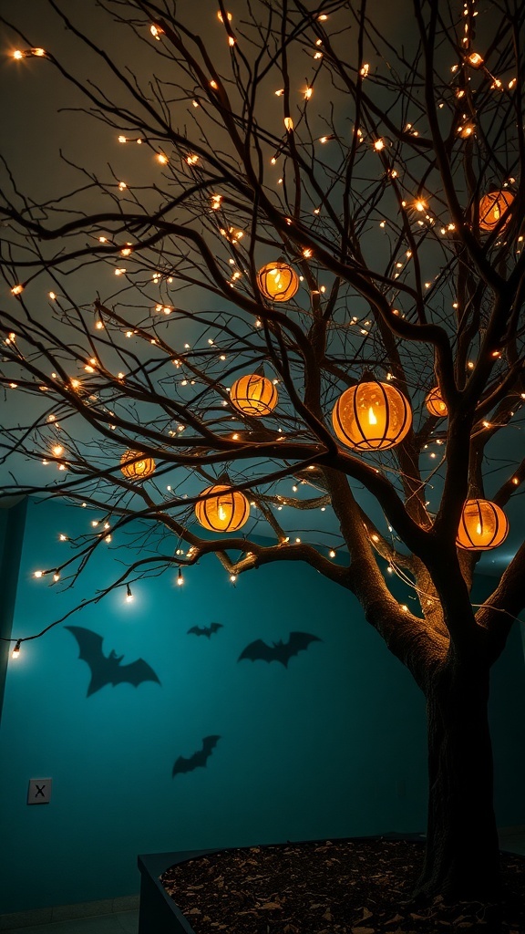 A Halloween tree with glowing lanterns and fairy lights, casting shadows on a blue wall.