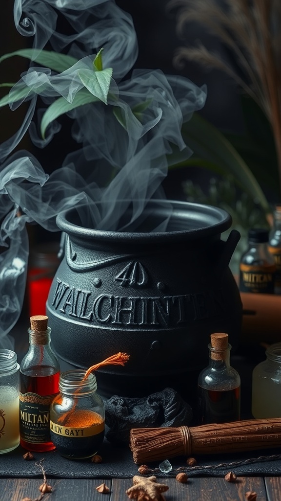 A black witch cauldron with smoke rising, surrounded by potion bottles and Halloween decorations.