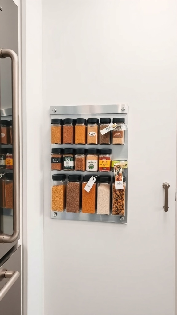 Magnetic spice containers arranged on a metal board, showcasing various spices in clear jars.
