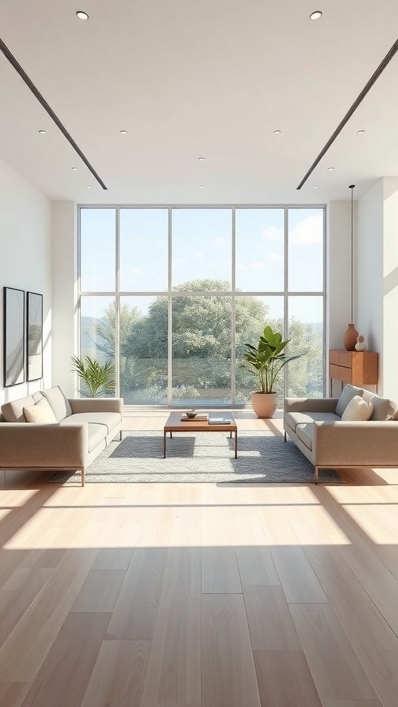 A bright living room with large windows, light-colored furniture, and a central coffee table, showcasing open sightlines.