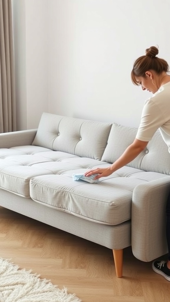 A person cleaning a light grey click-clack sofa bed with a cloth.