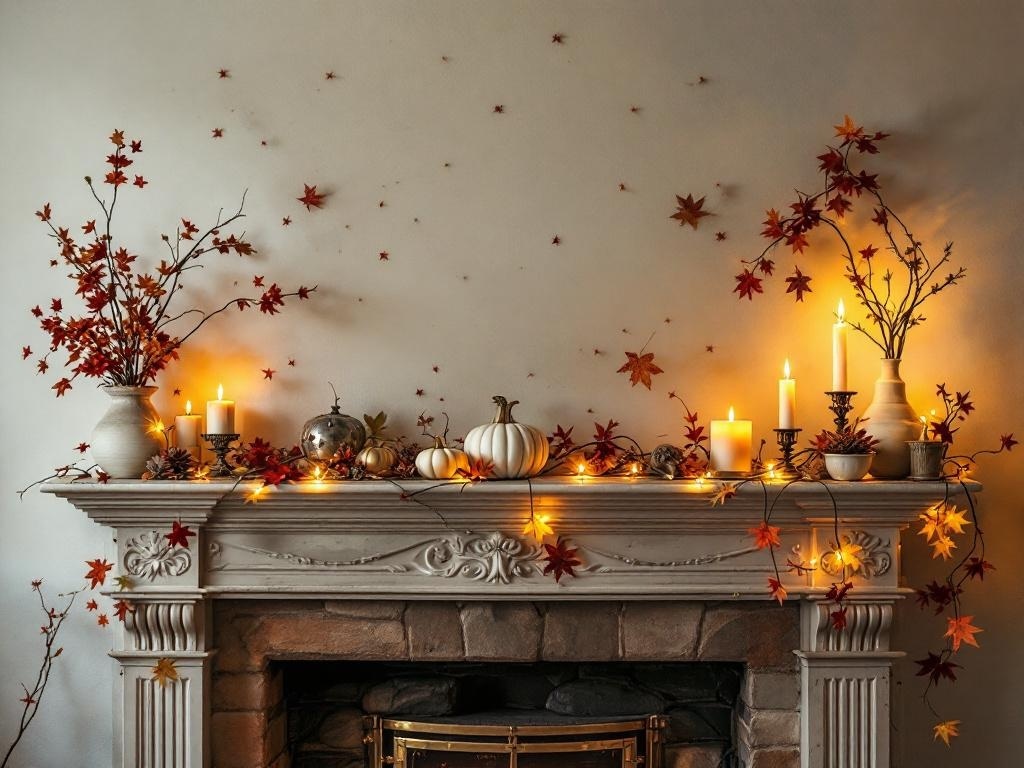 A beautifully decorated fireplace mantel for fall, featuring pumpkins, candles, and autumn leaves.