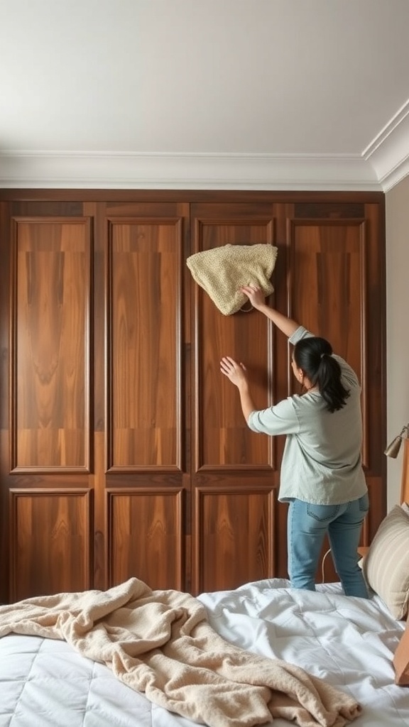 A person dusting wooden panel walls in a bedroom