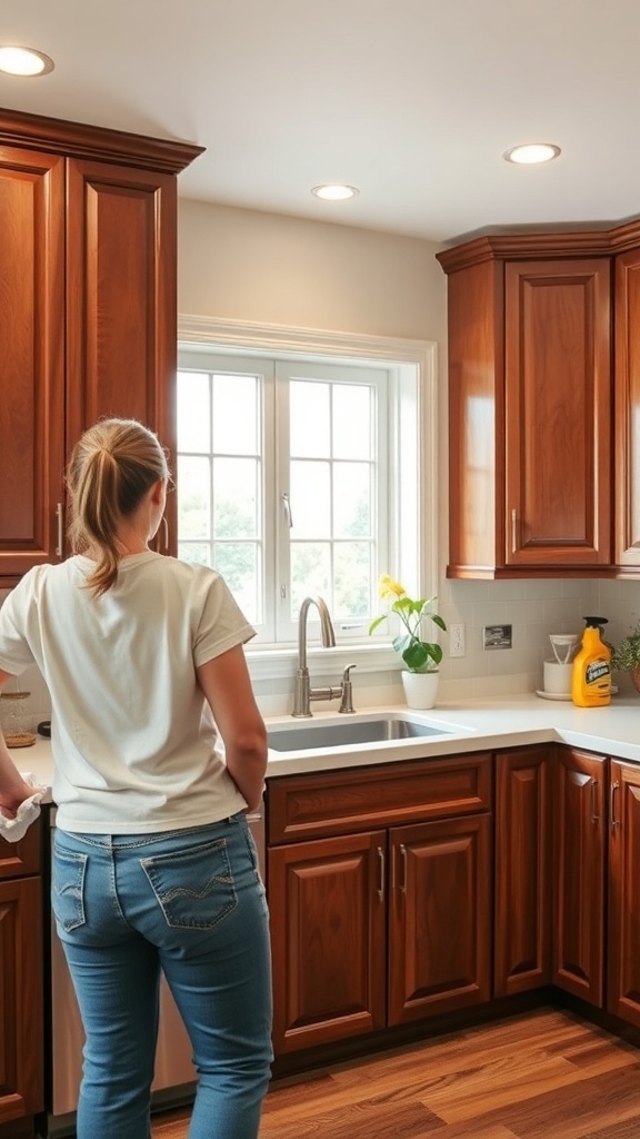 A woman cleaning cherry kitchen cabinets in a bright kitchen