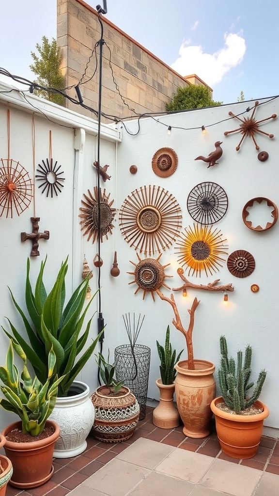 A small backyard with a wall decorated with various art pieces, including woven wall art and sculptures, surrounded by potted plants.