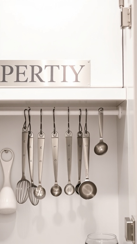 Under-shelf hooks displaying measuring spoons and kitchen tools in a modern pantry.