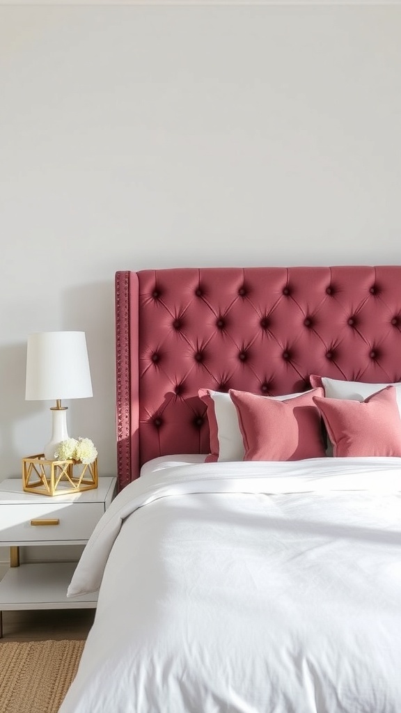 A stylish mauve tufted headboard paired with white bedding and mauve pillows.
