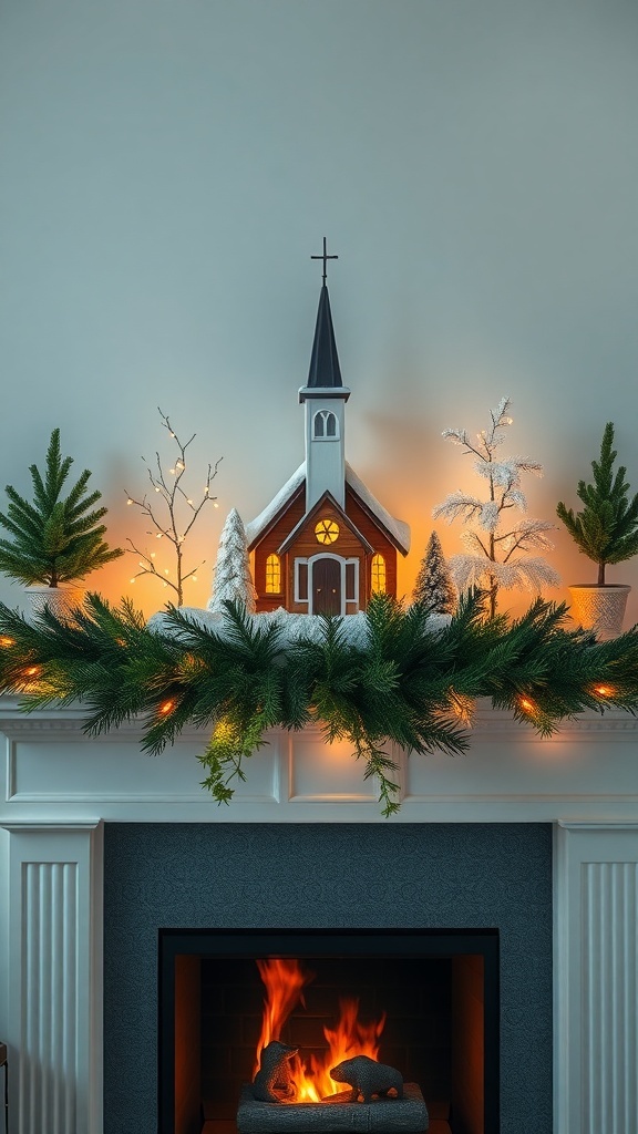 A snowy church centerpiece on a mantel surrounded by greenery and twinkling lights.