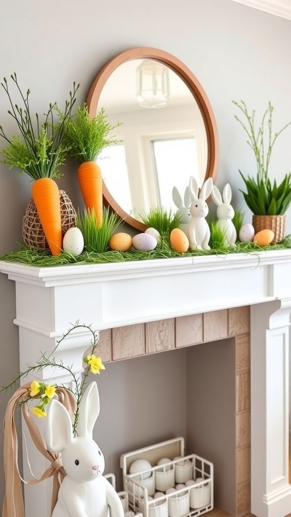 A beautifully styled Easter mantel featuring wooden carrots, bunnies, and pastel eggs.