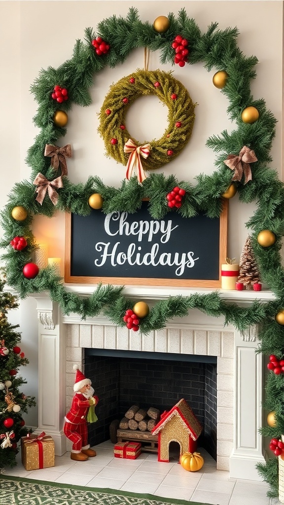 A festive mantel decorated with a chalkboard that says 'Cheppy Holidays', surrounded by greenery and holiday ornaments.