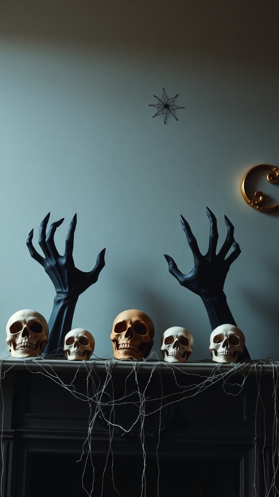 A mantelpiece decorated with black devil hands and skulls, creating a spooky Halloween display.