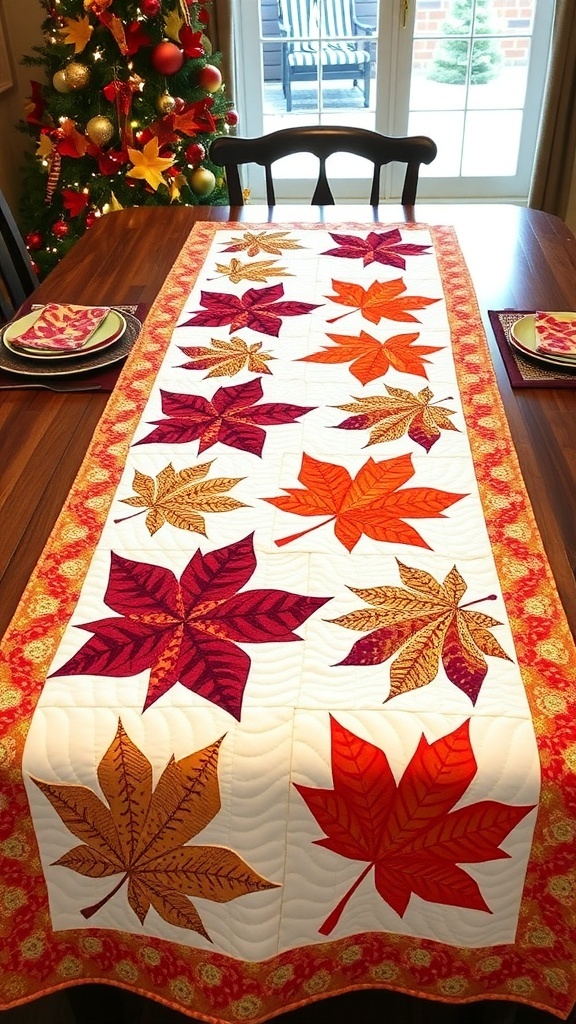 A quilted table runner featuring colorful maple leaves in red, orange, and gold on a white background, with a floral border.