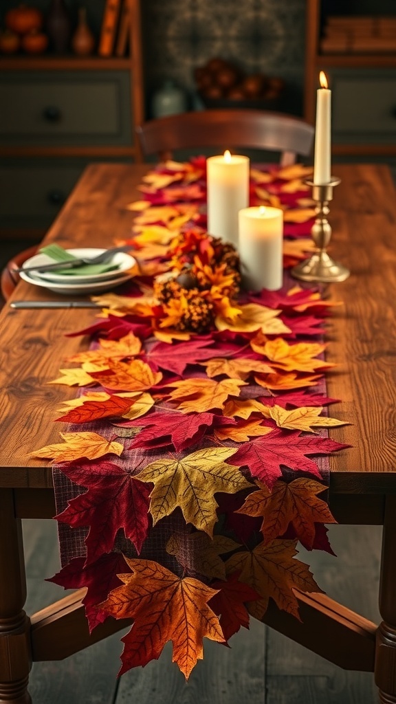 A table set with a maple leaf table runner, candles, and autumn decorations.