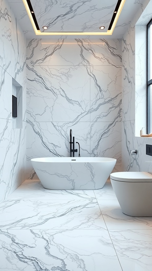 Luxurious bathroom with marble-effect walls and floors, freestanding soaking tub, and modern fixtures.