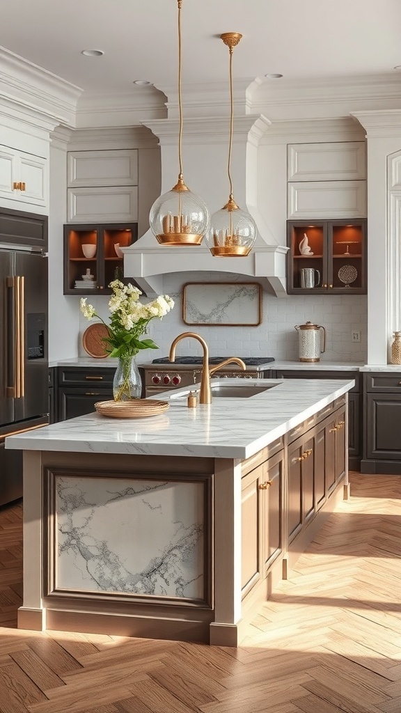 A modern kitchen featuring a marble-topped island with dark cabinetry and warm wood flooring.