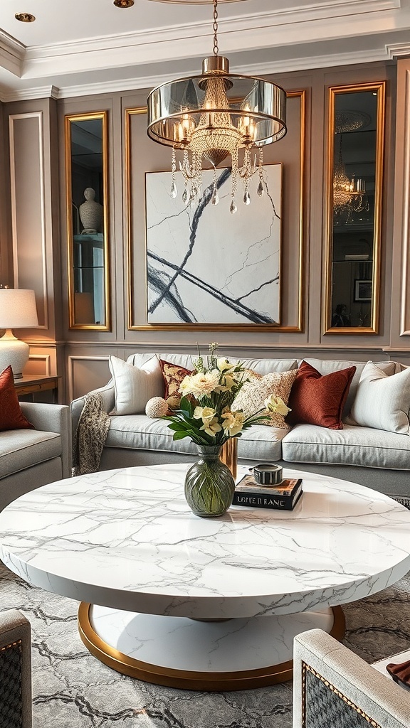 A luxurious marble-topped sofa table with a gold base, surrounded by elegant seating and decor.
