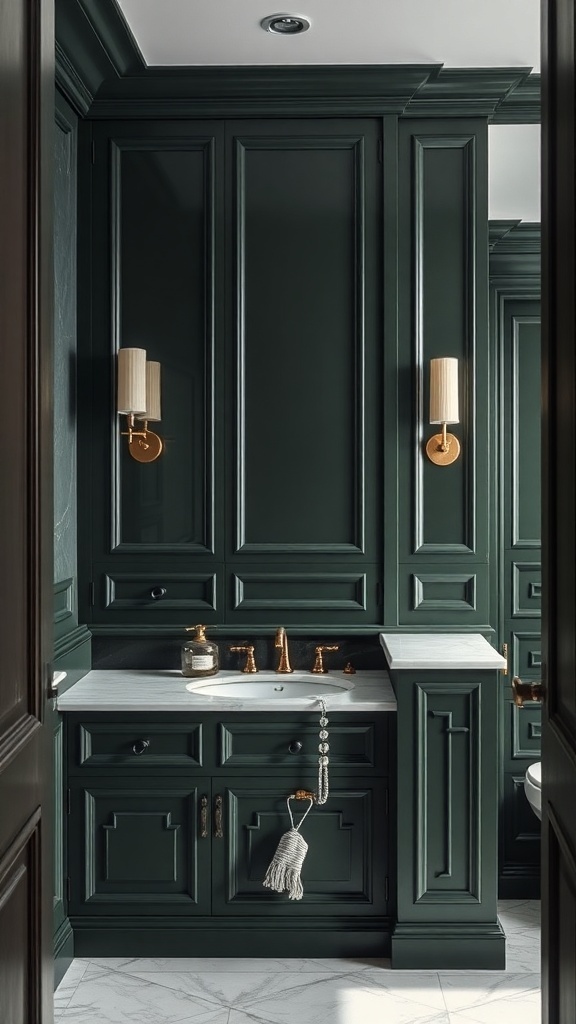 A stylish dark green bathroom featuring marble countertops and elegant fixtures.