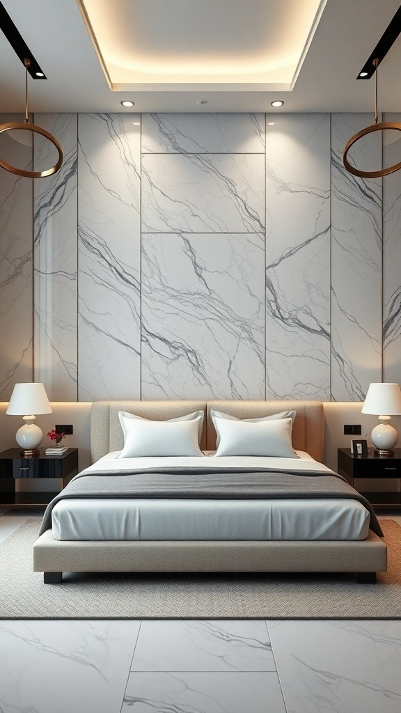 A modern bedroom featuring a marble slab headboard wall, elegant lighting, and soft bedding.
