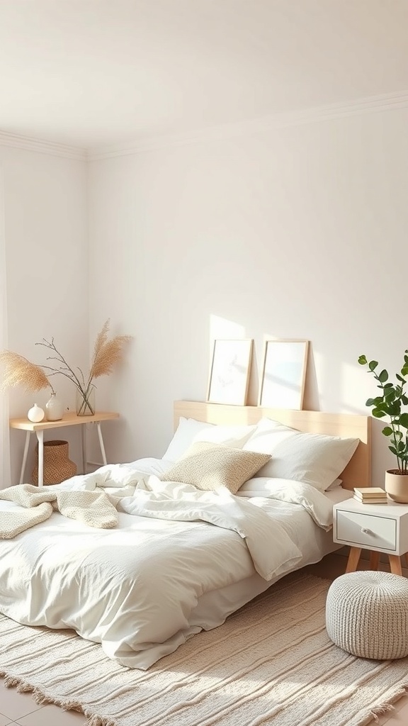 A cozy bedroom with Marshmallow White walls, featuring soft bedding, light wood furniture, and plants.