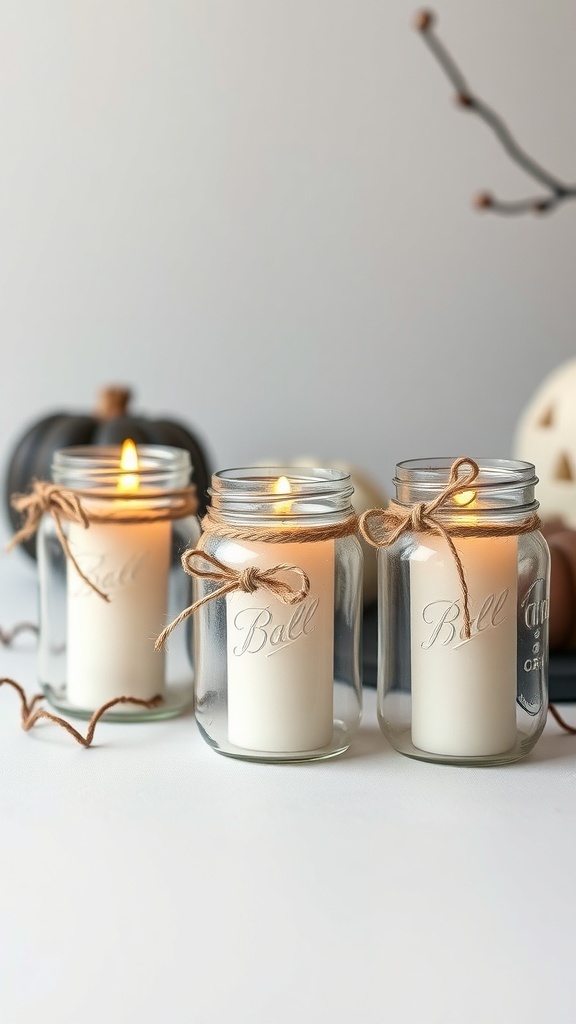 Three mason jar candle holders with white candles tied with twine, set against a simple backdrop with a small pumpkin.