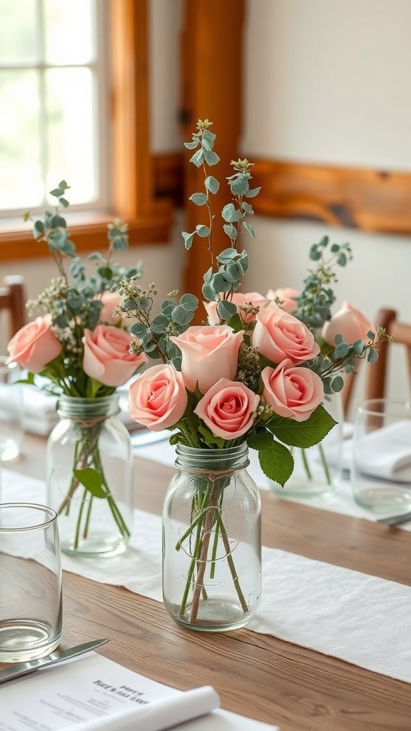 Mason jar centerpieces with pink roses and eucalyptus on a wooden table