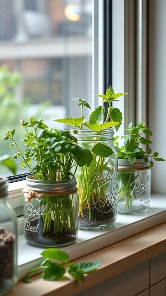 Mason jars filled with fresh herbs on a windowsill