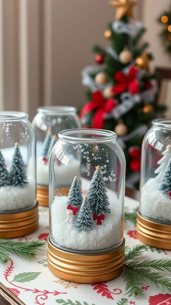 Mason jar snow globes with faux snow and holiday decorations