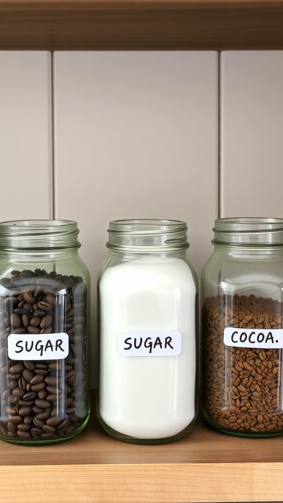Three mason jars labeled for coffee storage: one with coffee beans, one with sugar, and one with cocoa.