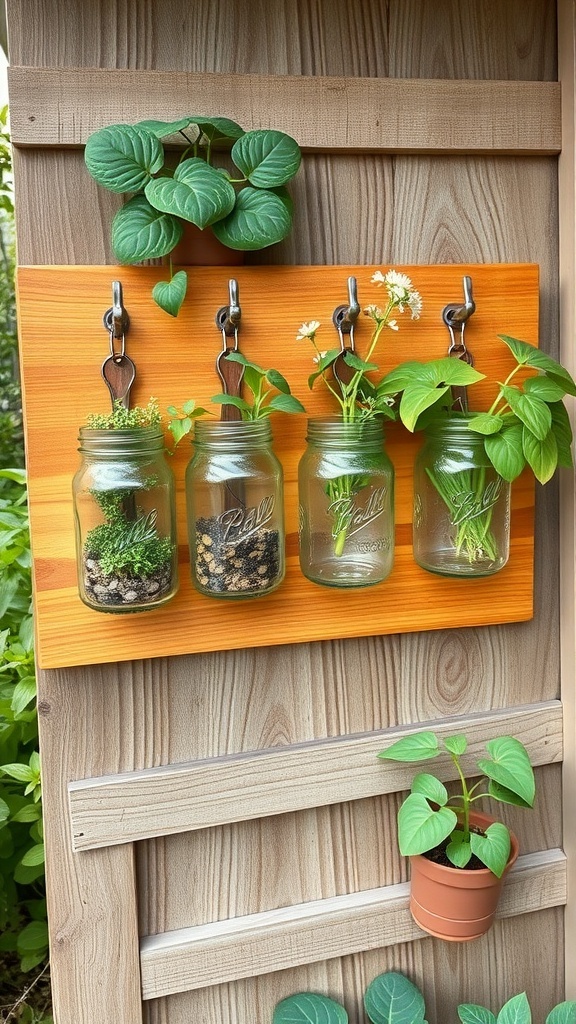 A wooden wall with four mason jars attached, each containing different plants, showcasing a creative wall planter idea.