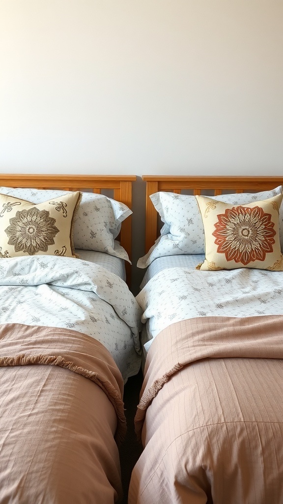 Two beds with matching but personalized bedding, featuring complementary colors and decorative pillows.