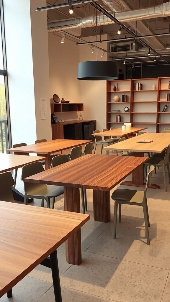 A modern dining area featuring wooden extendable tables with clean lines and a contemporary aesthetic.