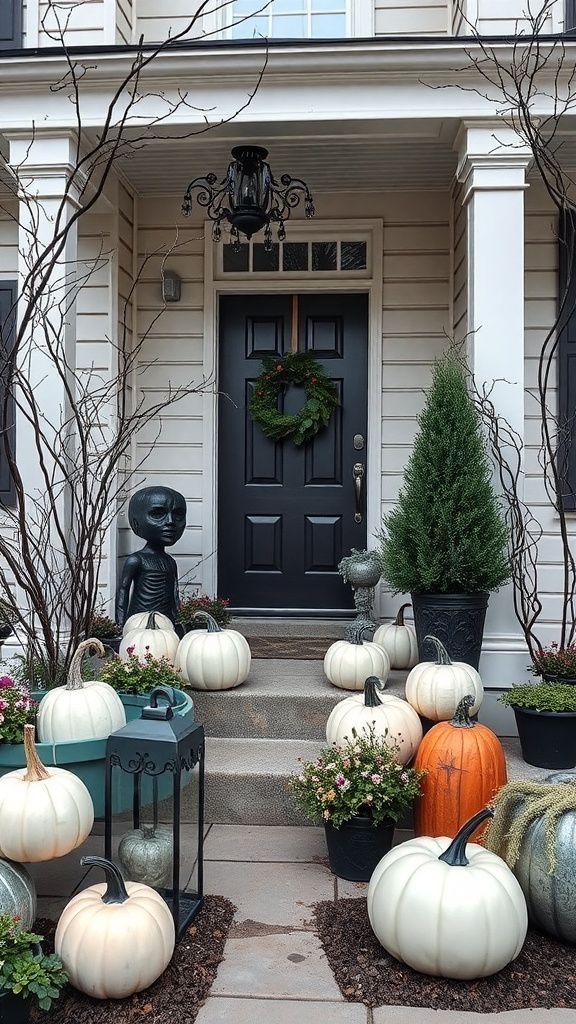 A front porch decorated with matte white and gray pumpkins, lanterns, and subtle greenery for Halloween.