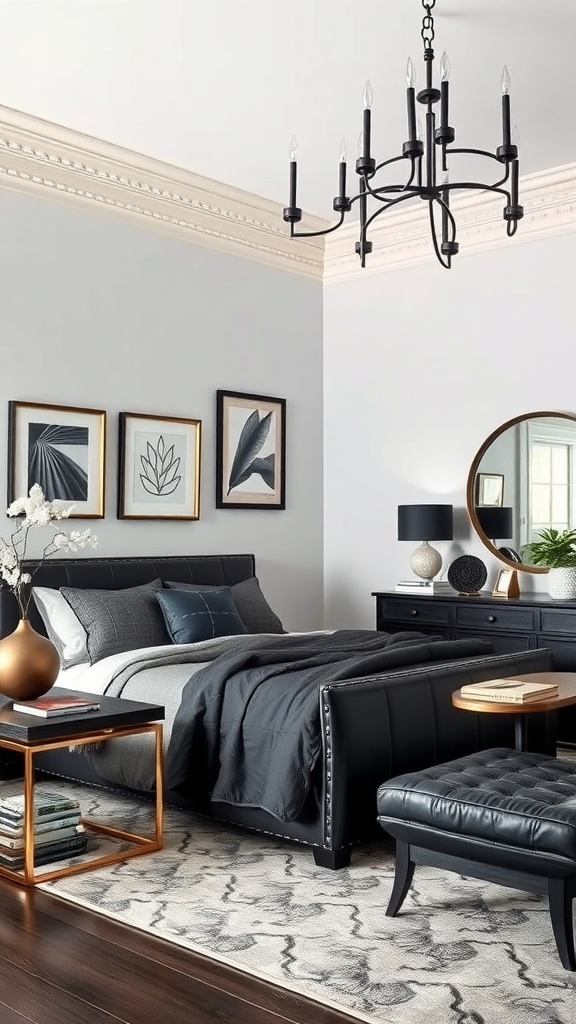 A modern bedroom featuring matte black and bronze accents, with a sleek bed frame, decorative side table, and stylish chandelier.